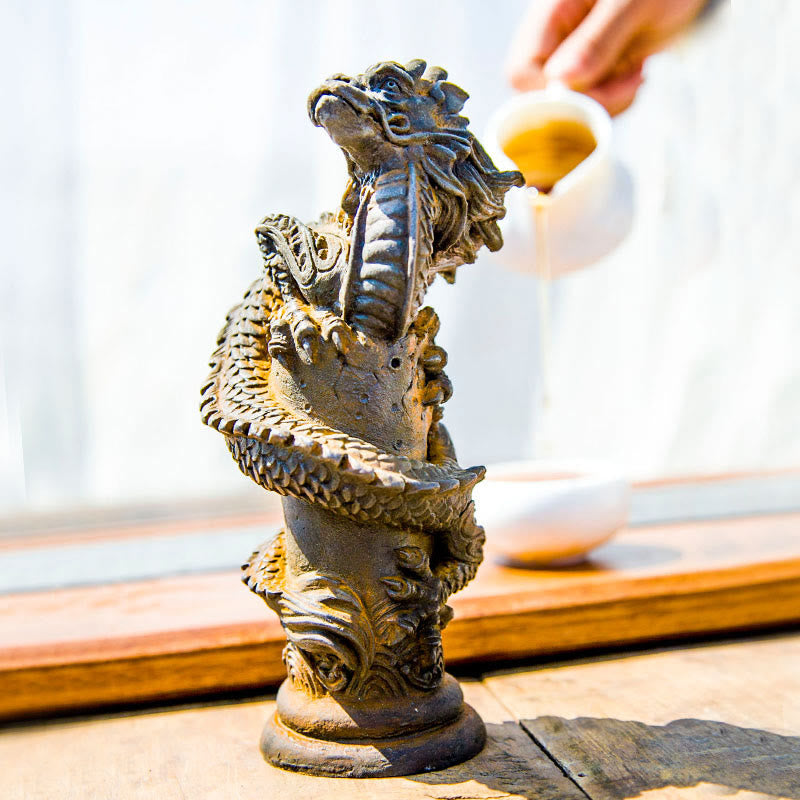 Flying Dragon Pillar Resin Statue – low angle with pouring tea context and window light, strength ascension