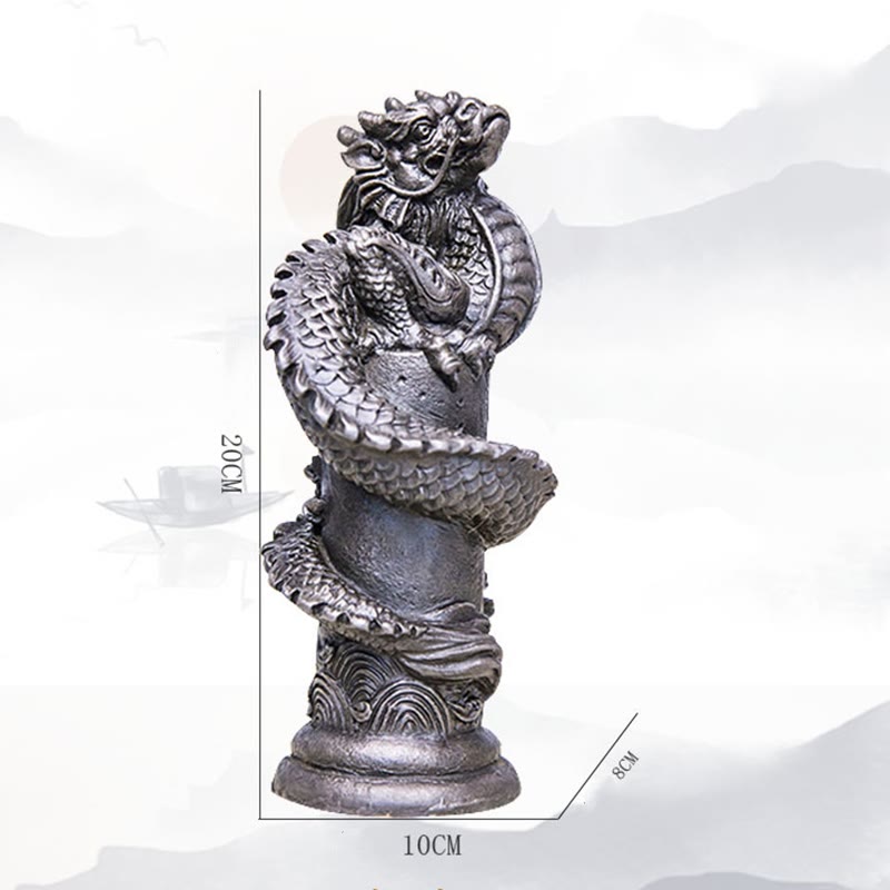 Flying Dragon Pillar Resin Statue – white background with faded mountain landscape, dimension 20x10x8cm, fortune craft