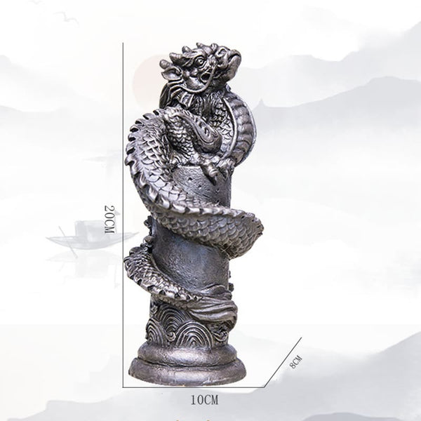 Flying Dragon Pillar Resin Statue – white background with faded mountain landscape, dimension 20x10x8cm, fortune craft