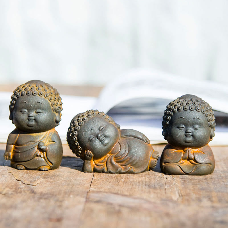 Cute Buddha Statue Set – three mini Buddha figures standing lying sitting, iron powder resin decor