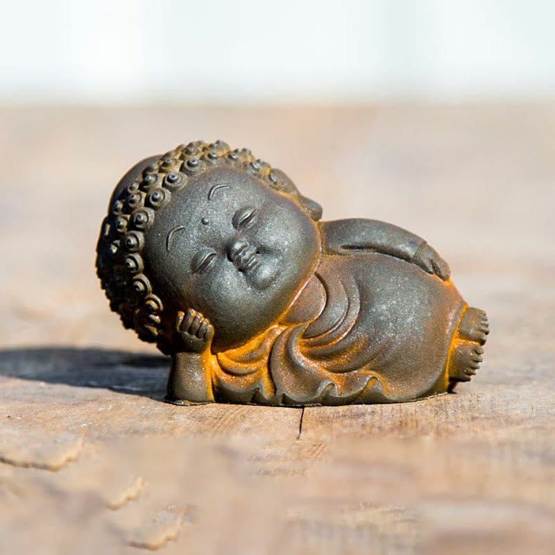 Cute Buddha Statue Set – on office desk with succulents, workspace mindfulness accent trio