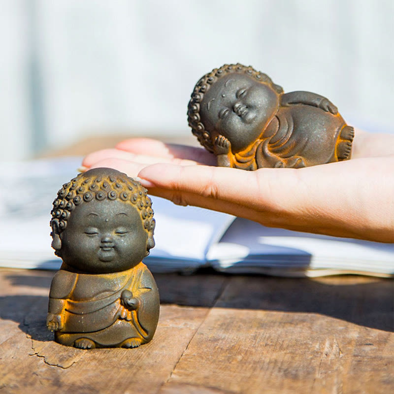 Cute Buddha Statue Set – iron powder rust patina on round bellies, cute chubby proportions