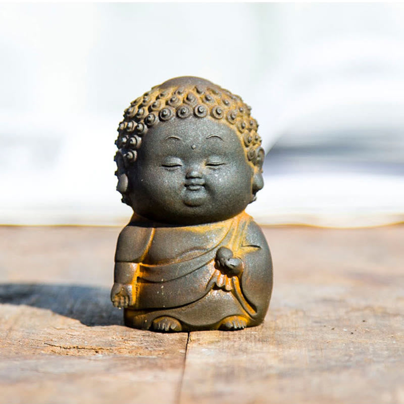 Cute Buddha Statue Set – rust finish variations across three statues, unique patina each piece