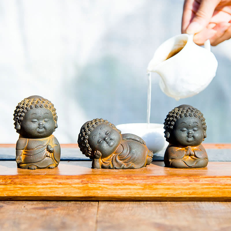Cute Buddha Statue Set – standing Buddha with raised hand, blessing pose rust finish figurine