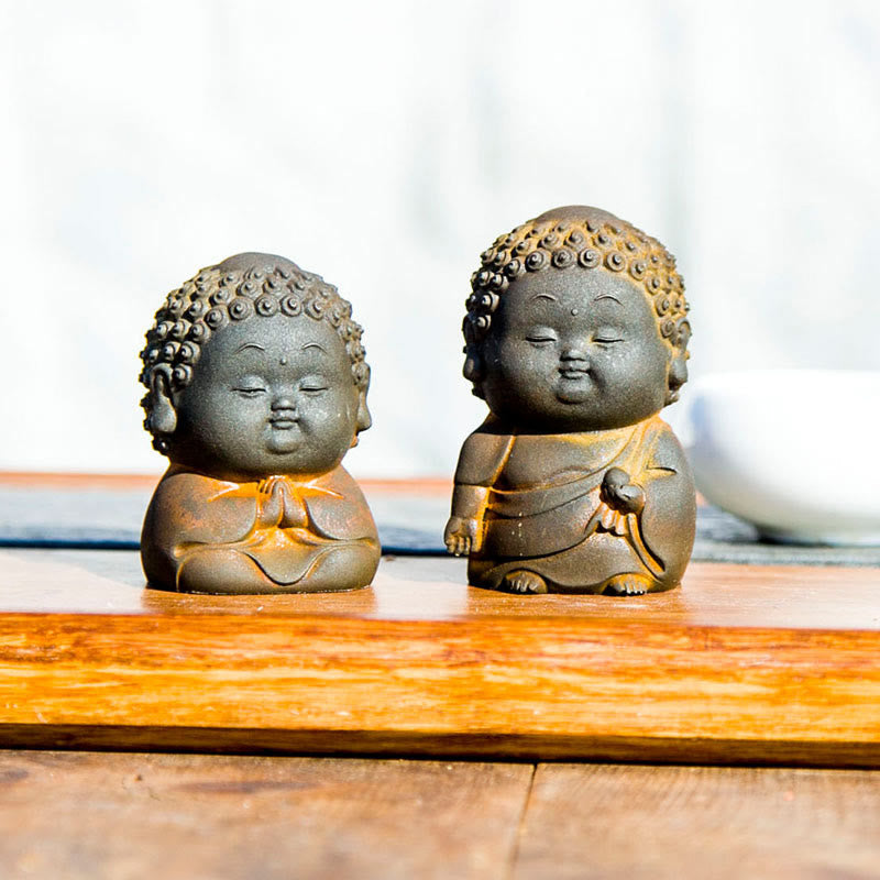 Cute Buddha Statue Set – happy smiling faces detail, joyful expression on all three statues