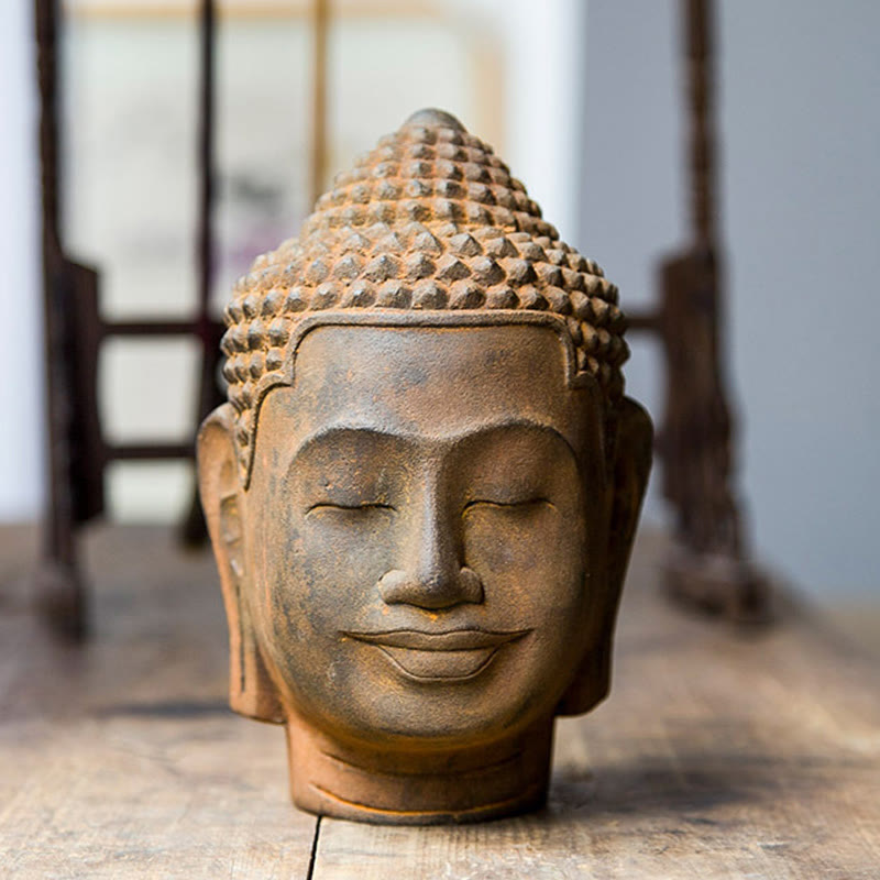 Meditating Buddha Head Resin Statue – serene face sculpture in iron powder rust, contemplation decor