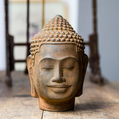 Meditating Buddha Head Resin Statue – serene face sculpture in iron powder rust, contemplation decor