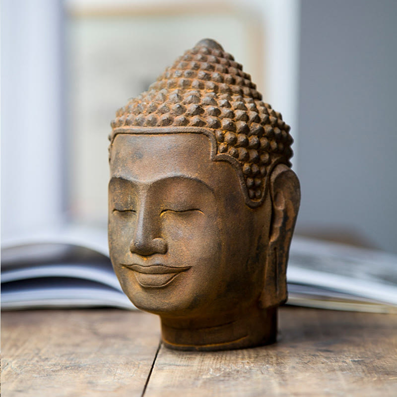 Meditating Buddha Head Resin Statue – in spa bathroom with candles, relaxation sanctuary decor