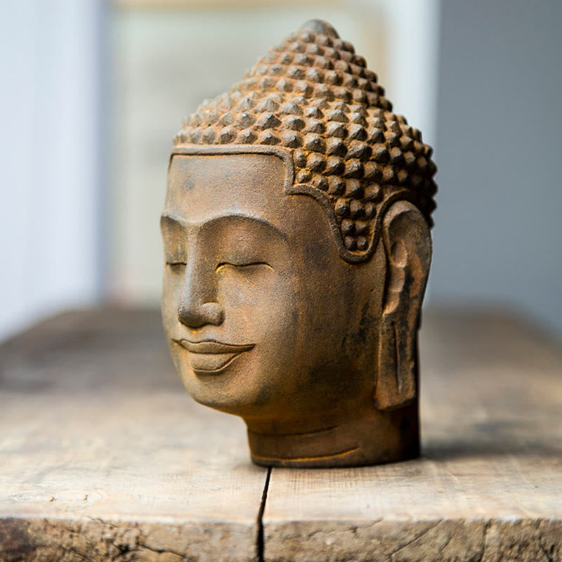 Meditating Buddha Head Resin Statue – displayed on console table with mirror, entry hall focal point