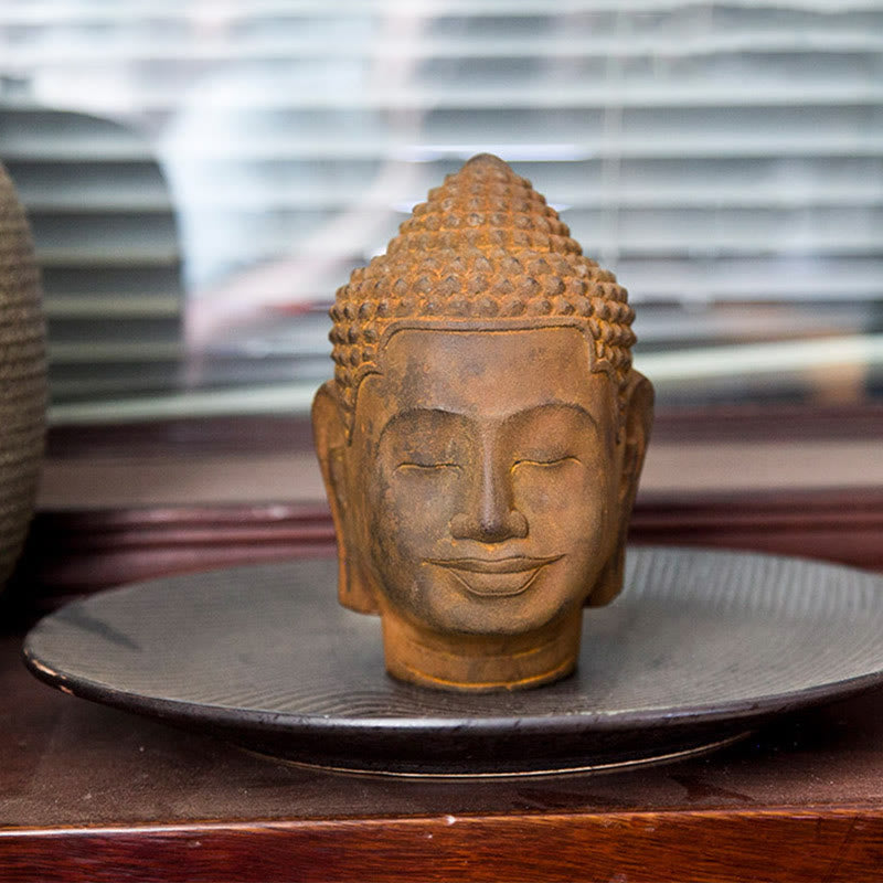 Meditating Buddha Head Resin Statue – iron powder hand-application, artisan brushing technique