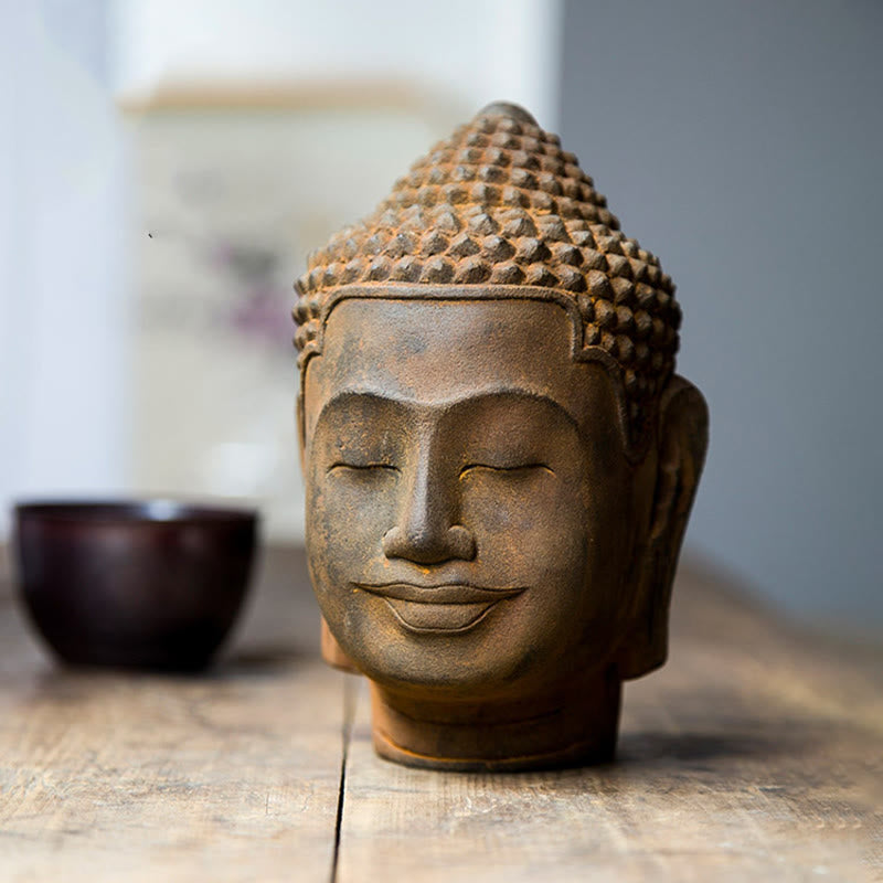 Meditating Buddha Head Resin Statue – back head curl pattern detail, uniform spiral hair sculpture