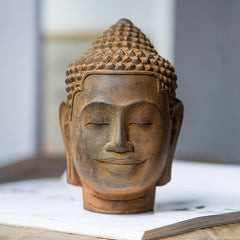 Meditating Buddha Head Resin Statue – closed eyes and gentle smile detail, inner peace expression