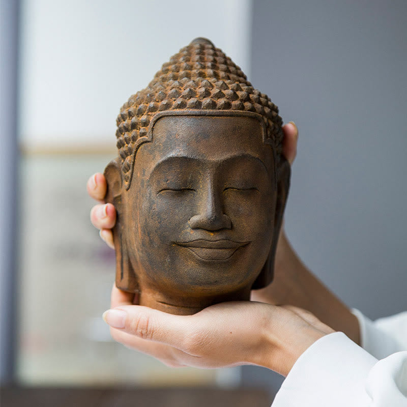 Meditating Buddha Head Resin Statue – iron powder rust texture on forehead, third eye area close-up