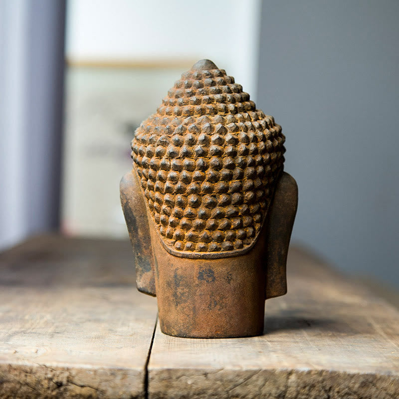 Meditating Buddha Head Resin Statue – earlobe elongation detail, royal past renunciation symbolism