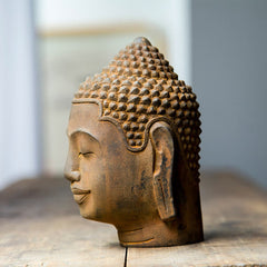 Meditating Buddha Head Resin Statue – ushnisha crown spiral curls, traditional Buddha head iconography