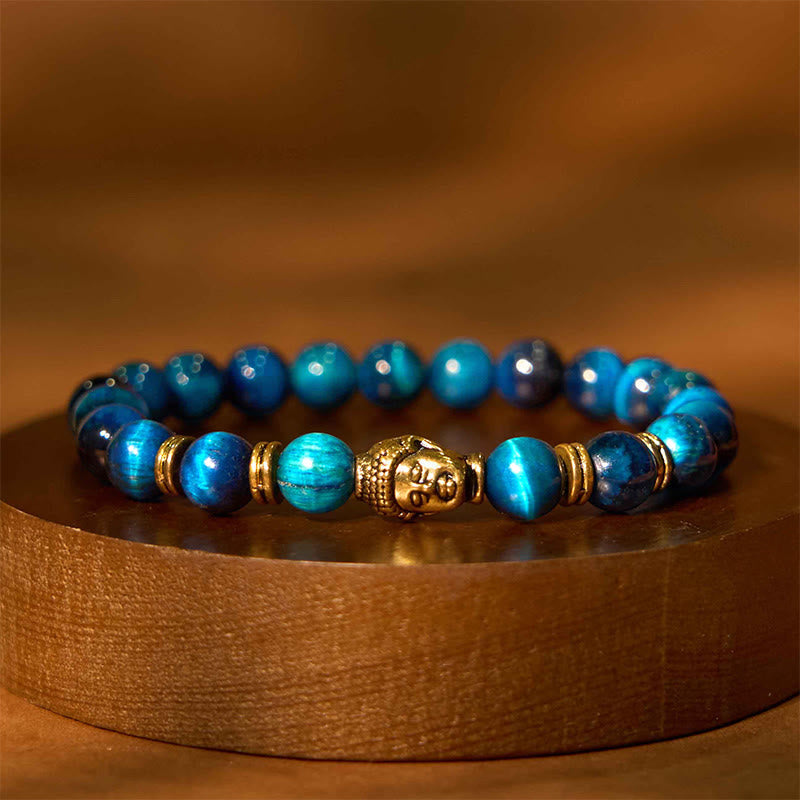 Green Tiger Eye Buddha Bracelet – moss green beads with gold flash, nature balance