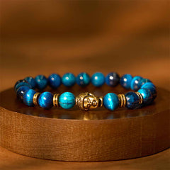 Blue Green Red Tiger Eye Buddha Bracelet – Front view of tri color beaded band with Buddha accent charm