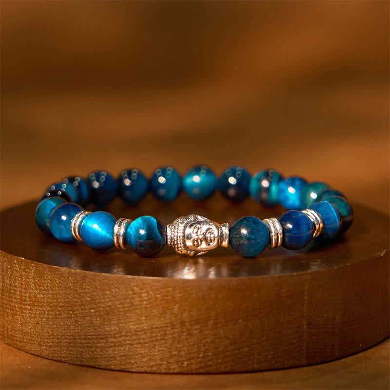Green Tiger Eye Buddha Bracelet – natural outdoor setting, earth connection energy