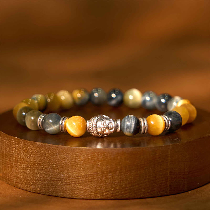 Blue Green Red Tiger Eye Buddha Bracelet – Velvet tray display in jewelry store, premium presentation