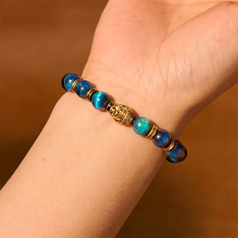 Blue Green Red Tiger Eye Buddha Bracelet – Close-up of red tiger eye beads, warm copper flash bands