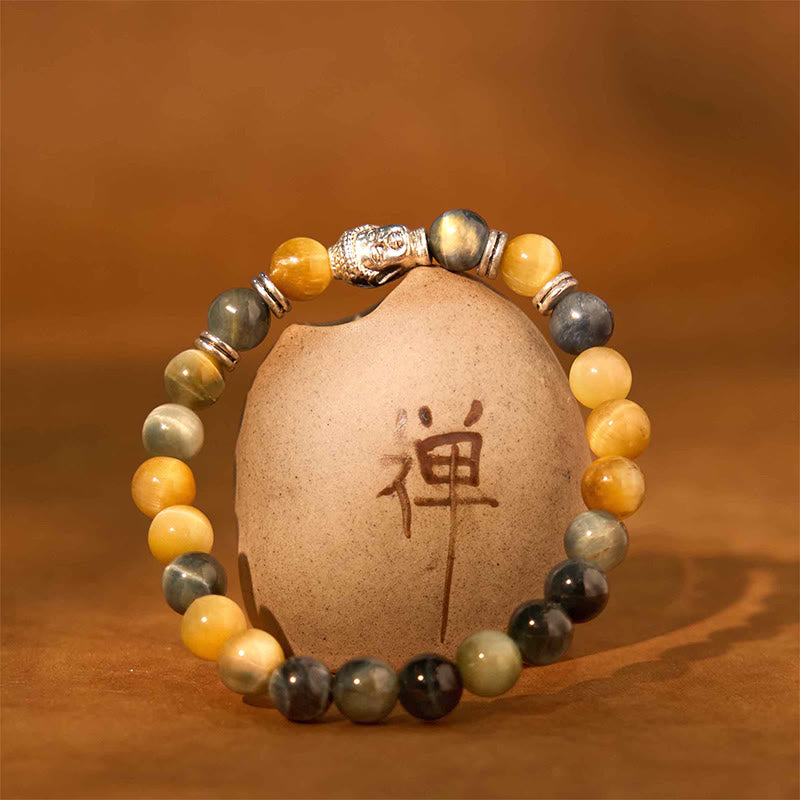Product 1028: Blue Green Red Tiger Eye Buddha Bracelet