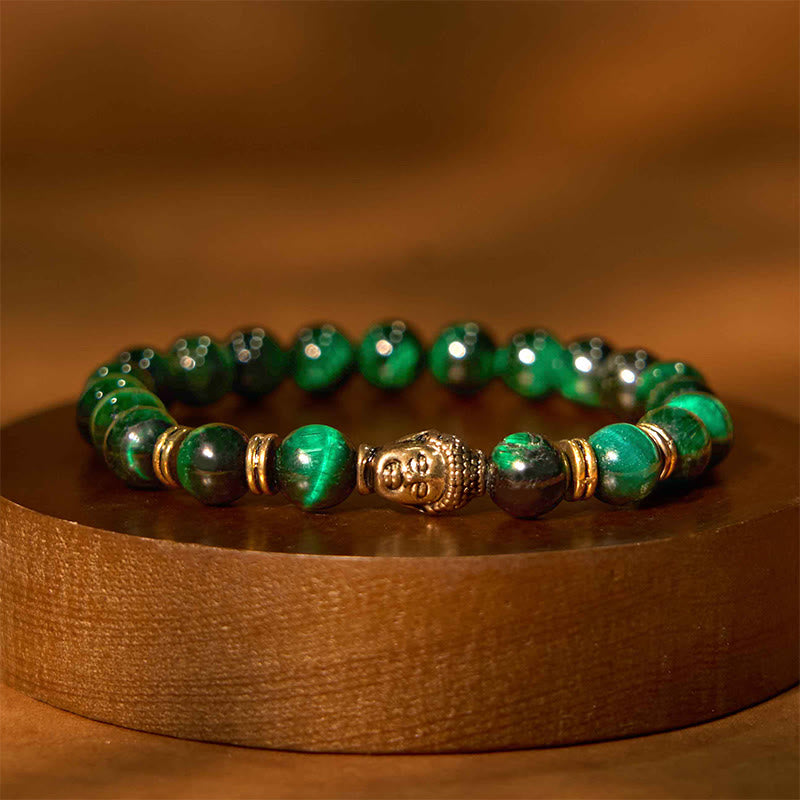 Blue Green Red Tiger Eye Buddha Bracelet – Bead size 10mm next to ruler, large statement bracelet