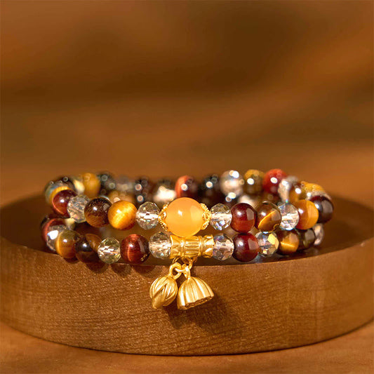 Colorful Tiger Eye Lotus Multi-Circle Bracelet - multi-strand tiger eye beads with gold lotus charm, Strength