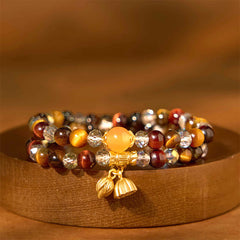 Colorful Tiger Eye Lotus Multi-Circle Bracelet - multi-strand tiger eye beads with gold lotus charm, Strength