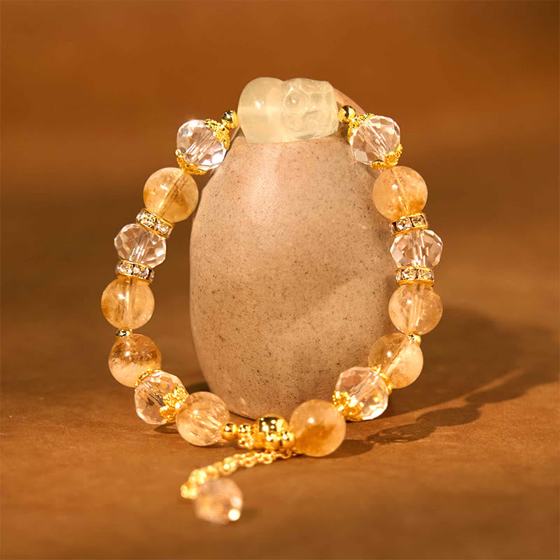 Natural Citrine PiXiu Bracelet – citrine beads clear crystal citrine PiXiu on stone pedestal brown, wealth jewelry