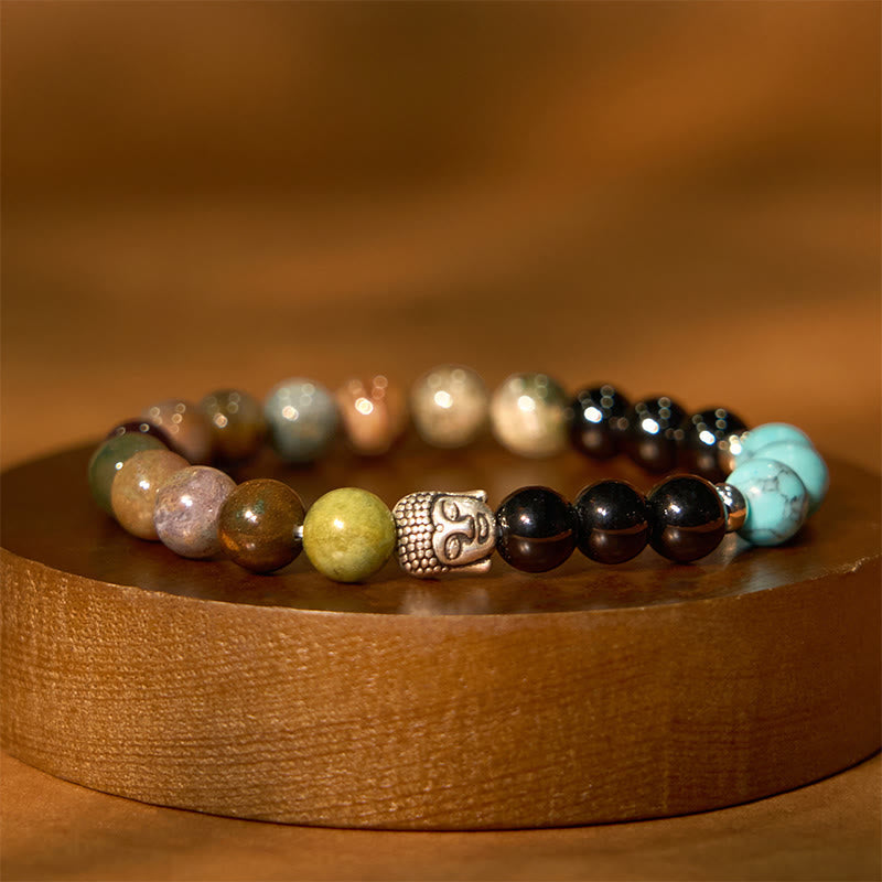 Mixed Gemstone Buddha Head Bracelet – size measurement guide showing elastic band dimensions in centimeters