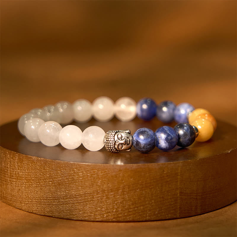 Mixed Gemstone Buddha Head Bracelet – wrist model wearing white howlite version, clean minimalist spiritual style