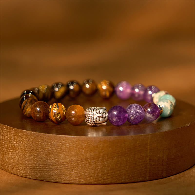 Multi-Gemstone Buddha Bracelet – on wrist showing rainbow gemstone arrangement pattern