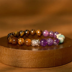 Multi-Gemstone Buddha Bracelet – on wrist showing rainbow gemstone arrangement pattern