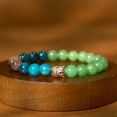 Mixed Gemstone Buddha Head Bracelet – black onyx beads with silver Buddha head charm on wrist, protection balance jewelry