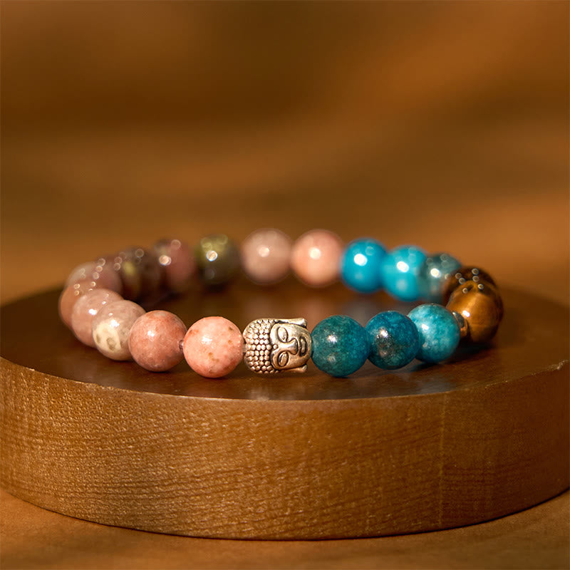 Mixed Gemstone Buddha Head Bracelet – floating on white background with soft shadow, clean ecommerce hero shot
