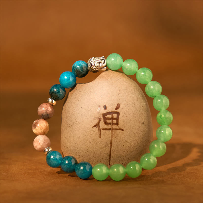 Multi-Gemstone Buddha Bracelet – stacked with metal bangles, festival layered look
