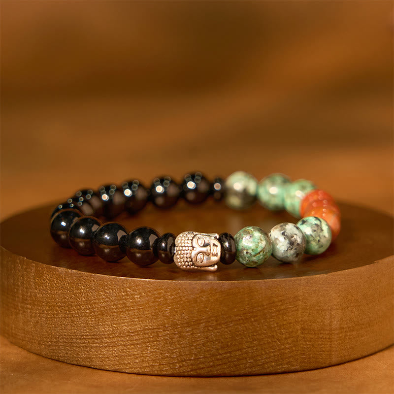 Multi-Gemstone Buddha Bracelet – marble flat lay with dried flowers, feminine aesthetic