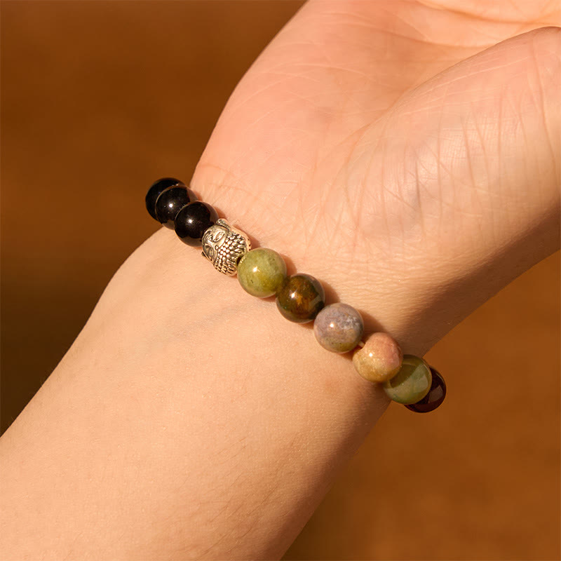Mixed Gemstone Buddha Head Bracelet – tiger eye and green aventurine pair, earth and nature energy combination