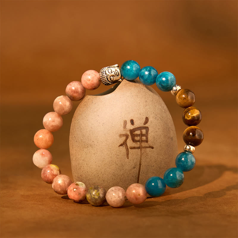 Mixed Gemstone Buddha Head Bracelet – grouped collection with chakra color chart, energy healing reference