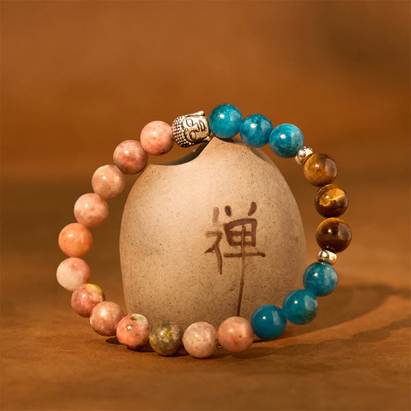 Mixed Gemstone Buddha Head Bracelet – grouped collection with chakra color chart, energy healing reference