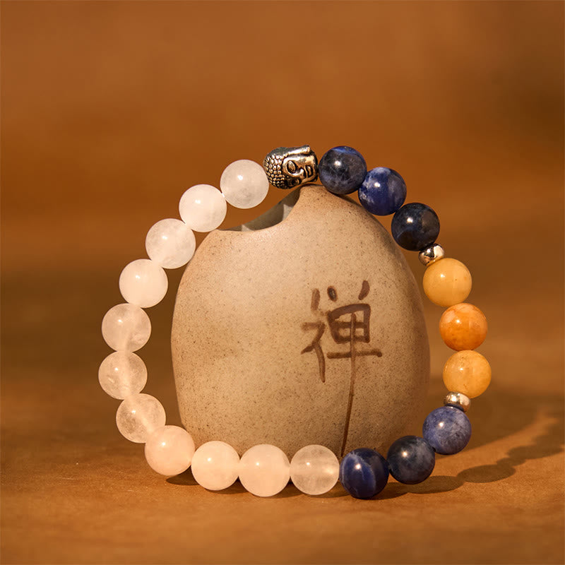 Mixed Gemstone Buddha Head Bracelet – wrist model wearing red agate version, bold energizing root chakra stone