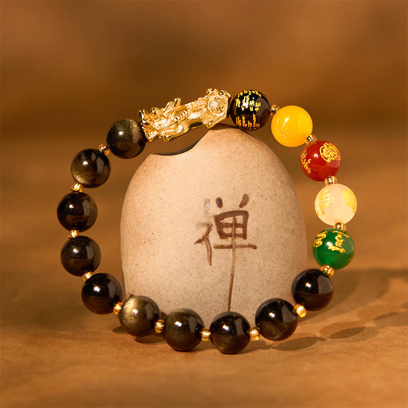 Gold Sheen Obsidian PiXiu Bracelet – bracelet on ceramic pot with Chinese character, gold PiXiu, zen display
