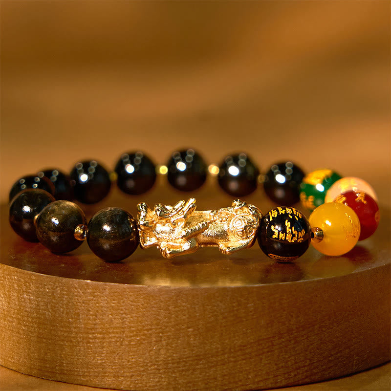 Gold Sheen Obsidian PiXiu Bracelet – black gold sheen beads with gold PiXiu and multicolor gods beads, warm light