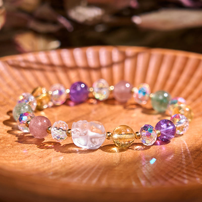 PiXiu White Crystal Bracelet – Colorful gemstone beads with crystal PiXiu on wooden plate, luck jewelry
