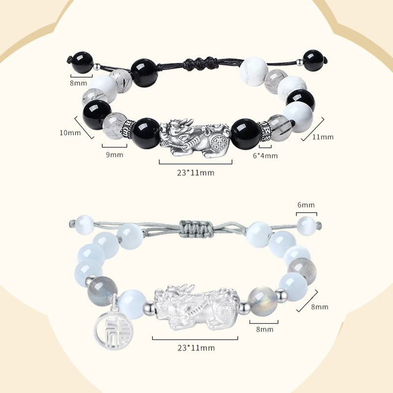 Black Obsidian Pi Xiu Bracelet – Size chart showing black and white variants with bead and Pi Xiu measurements