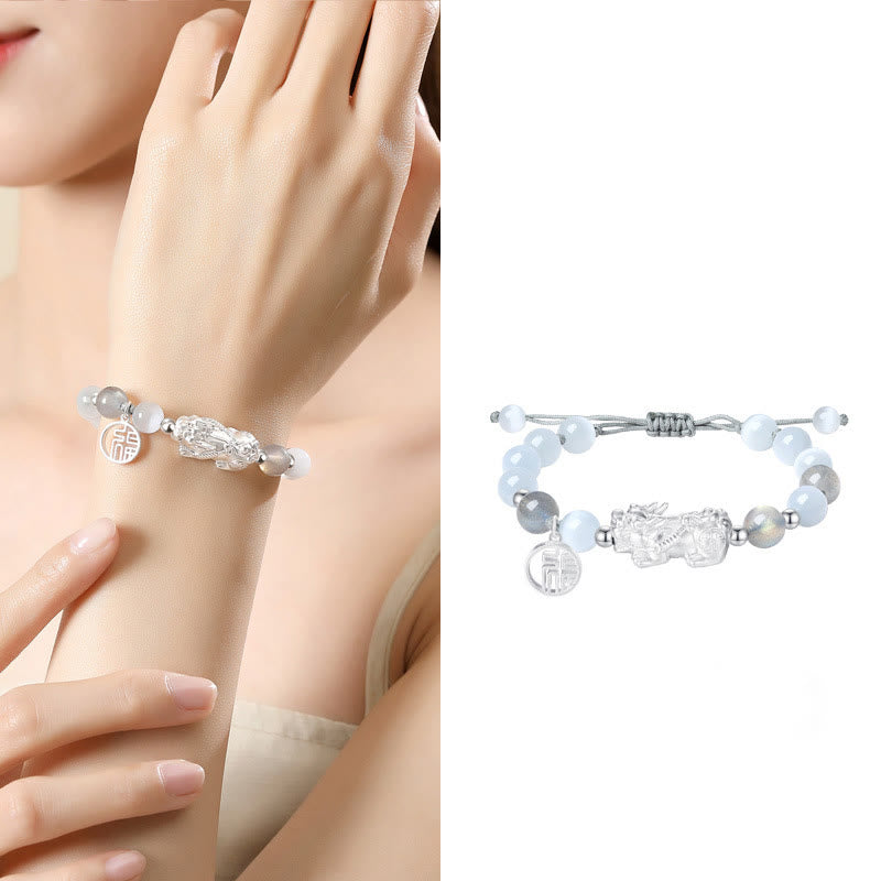 Black Obsidian Pi Xiu Bracelet – Split image: white variant model shot and product view, versatile unisex style