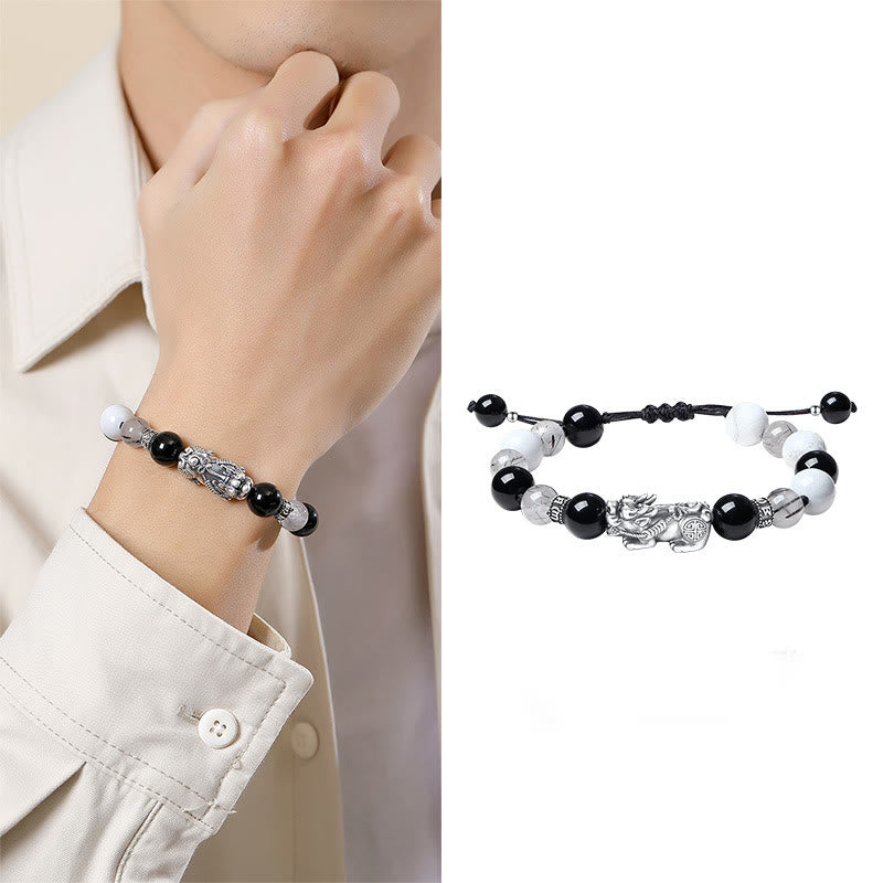 Black Obsidian Pi Xiu Bracelet – Split image: model wrist and white background product shot, unisex accessory