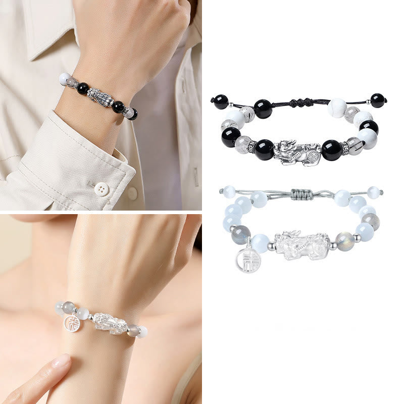 Black Obsidian Pi Xiu Bracelet – Collage: man wearing black variant and woman wearing white variant, couple gift set