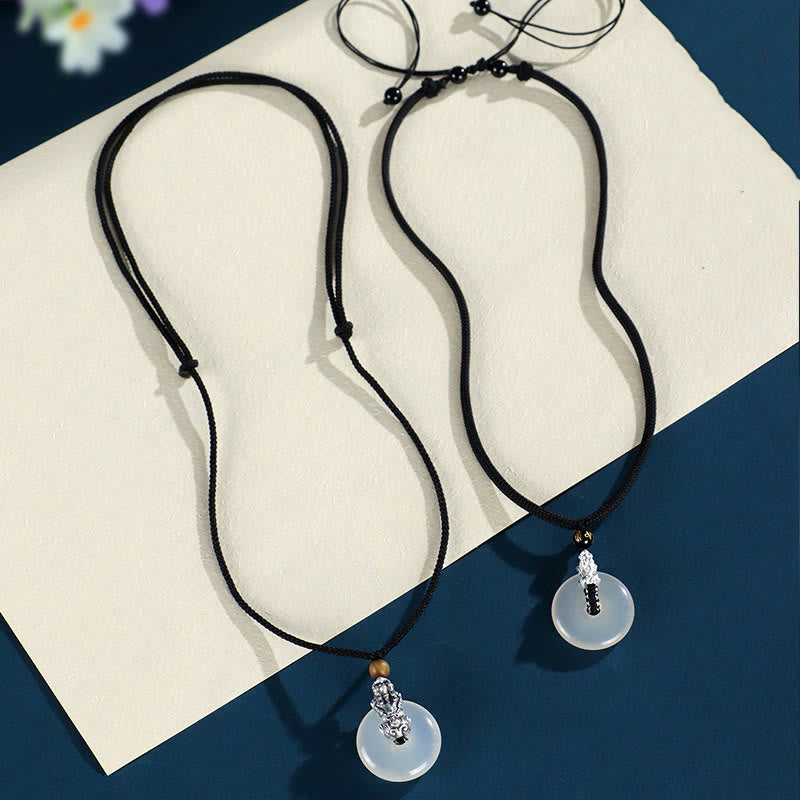 White Agate Peace Buckle Pi Xiu Silver Pendant – White agate peace buckle front view silver PiXiu detail elegant necklace