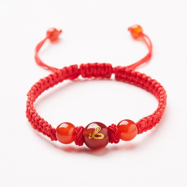 Red Agate Zodiac Red String Bracelet – front view red cord carnelian snake charm, Auspicious